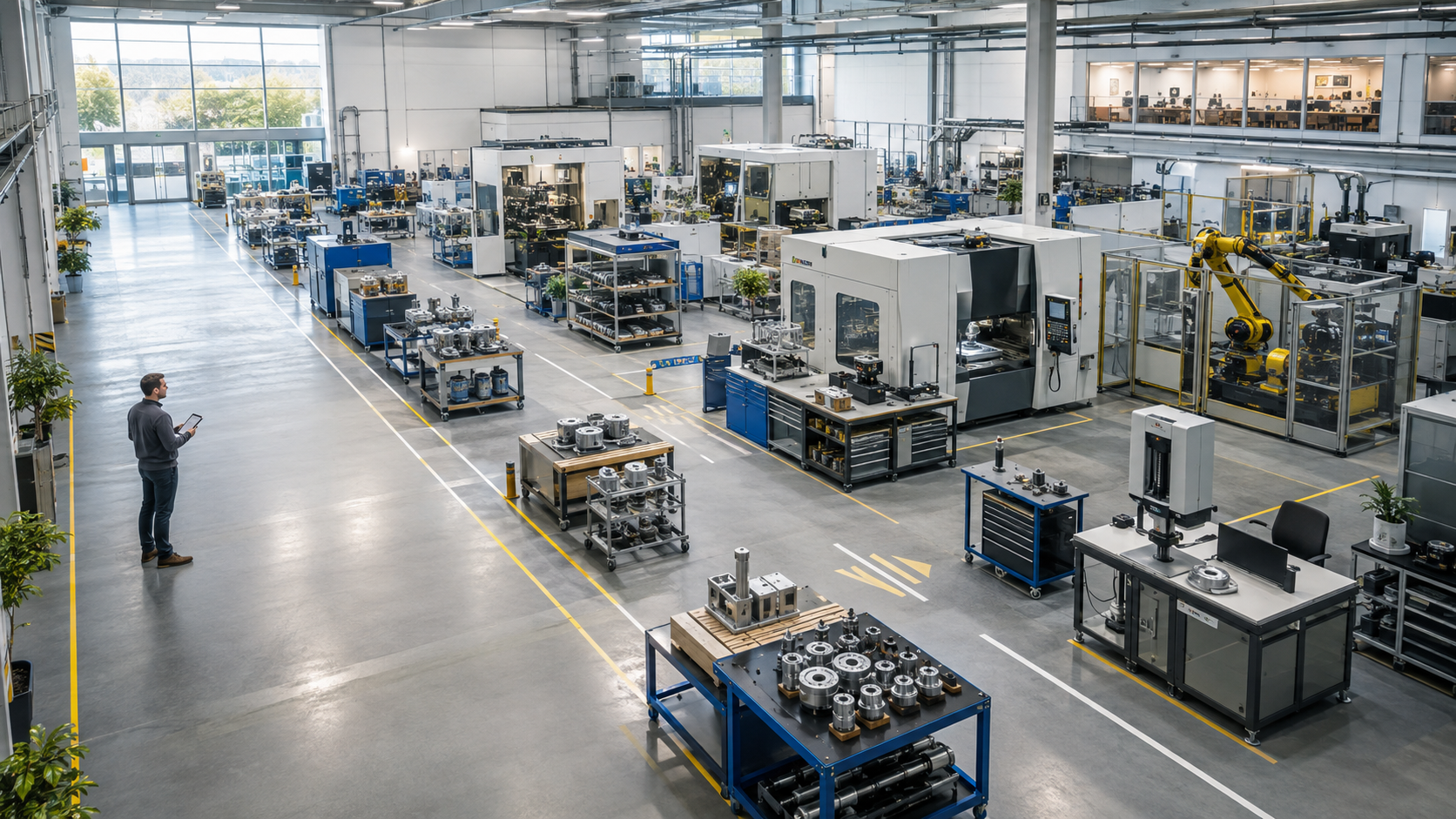 Engineer reviewing a flexible high-mix, low-volume manufacturing plant layout with modular workstations, CNC machines, robotics, and clearly marked material-flow aisles.