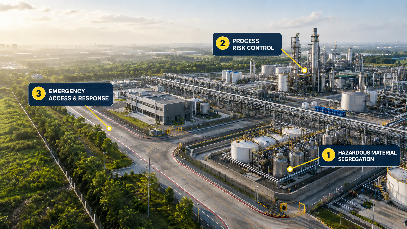 industrial processing plant highlighting hazardous material segregation, process risk control, and emergency access