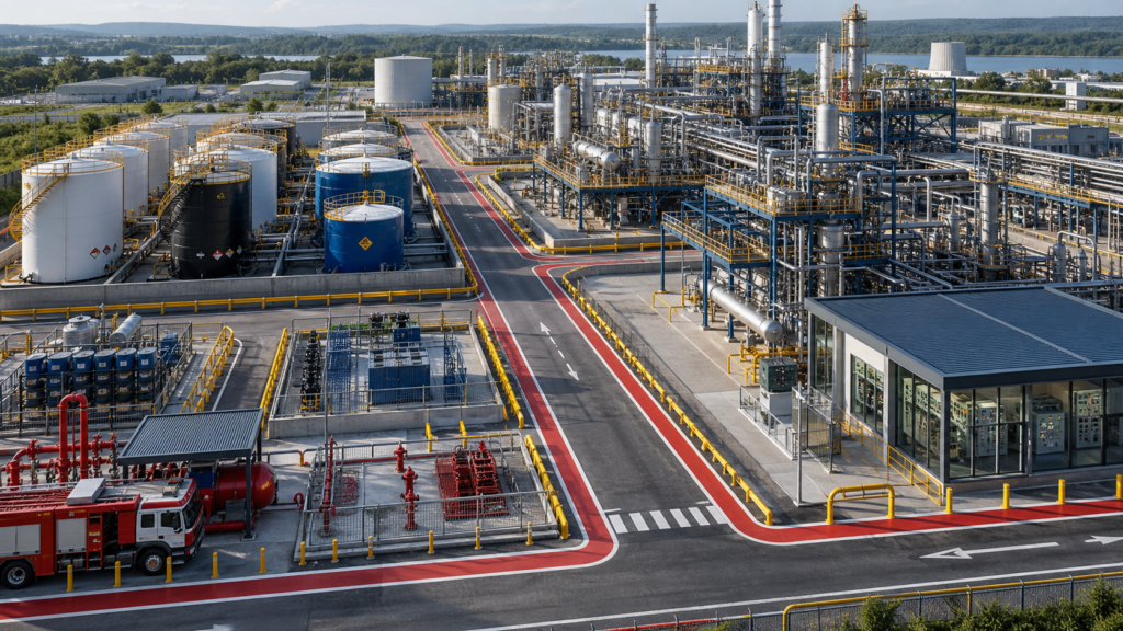 industrial processing plant highlighting hazardous material segregation, process risk control, and emergency access and response.