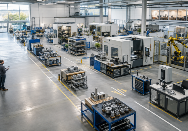 Engineer reviewing a flexible high-mix, low-volume manufacturing plant layout with modular workstations, CNC machines, robotics, and clearly marked material-flow aisles.