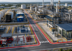 industrial processing plant highlighting hazardous material segregation, process risk control, and emergency access and response.