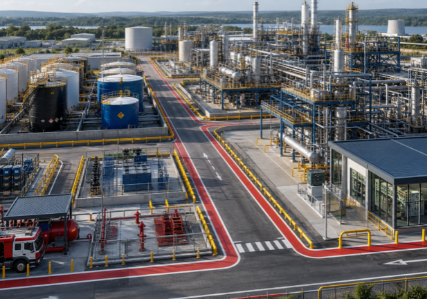 industrial processing plant highlighting hazardous material segregation, process risk control, and emergency access and response.
